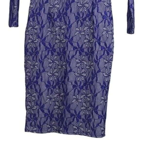 Miusol Cocktail Dress Blue Small White Overlay Square Neck Floral Lace Sheath - Picture 3 of 6